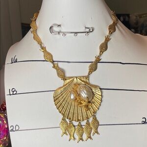 Gold Craft Signed Shell Pendant Necklace with Silver Accents